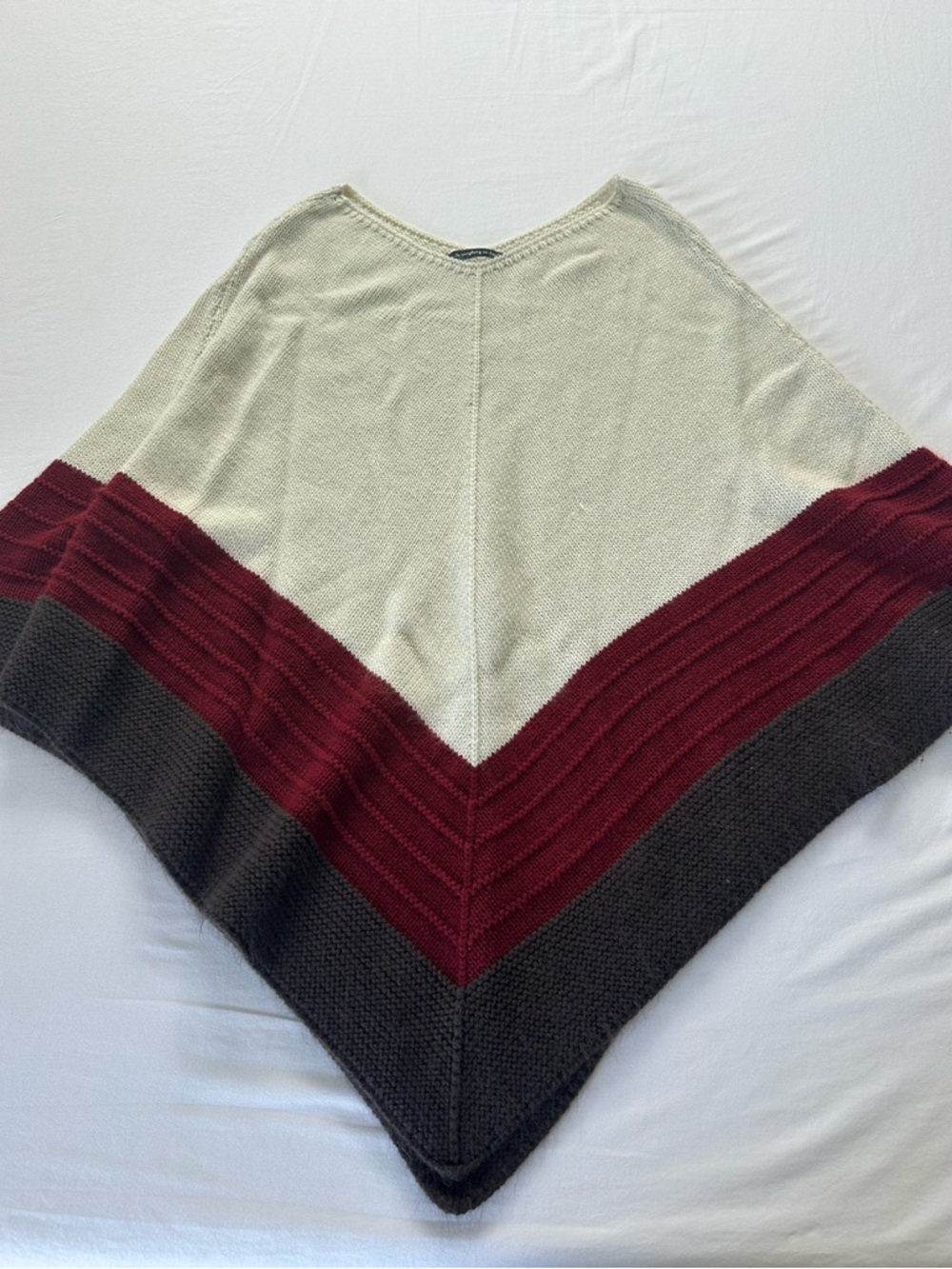 Do everything in love Tri-Color Knit Poncho in Cream, Burgundy & Charcoal